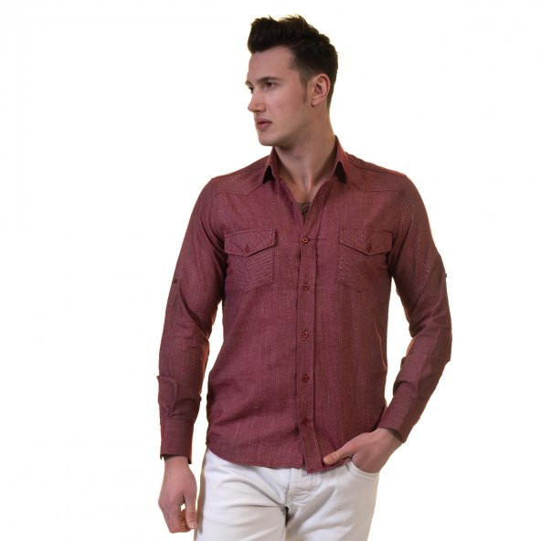 Vişne Çürüğü Kendinden Çizgili Çift Cepli Western Stil Slim Fit Erkek Gömlek