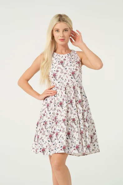 Çiçek Desenli Sıfır Kol Mini Elbise - 6