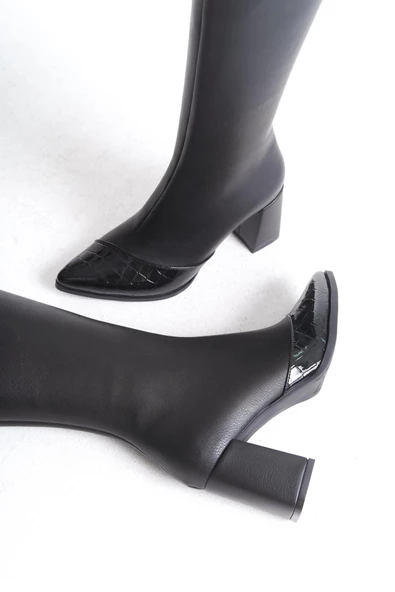 Across Siyah Rugan Kalın Topuklu Sivri Burun Çizme - 4