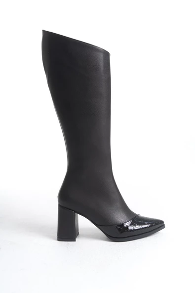 Across Siyah Rugan Kalın Topuklu Sivri Burun Çizme - 2