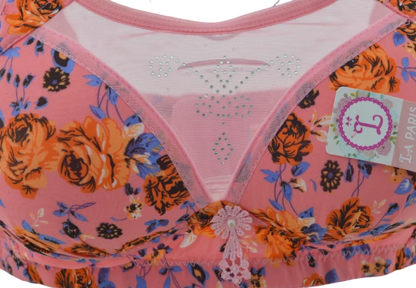 La Paris Çiçek Desenli Süngerli Pembe Sütyen NO:64 - 3
