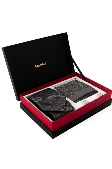 Brianze Gri Şal Desen Kravat Mendil Kol Düğmesi Hediyelik Set ürün görseli 1