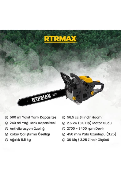 Rtrmax  Rtm960 Benzinli Ağaç Motoru 45 Cm Pala 56,5 Cc