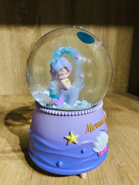 Kar Küresi Büyük Boy Püskürtmeli Işıklı Müzikli Denizkızı Mor - Resim 4
