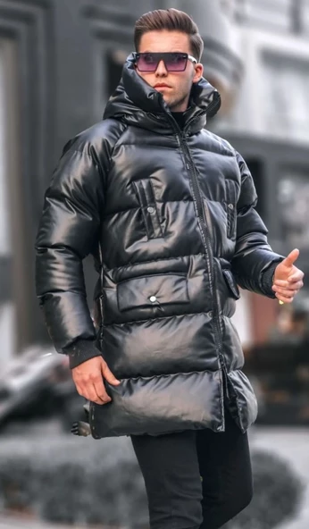 Madmext Siyah Uzun Dik Yaka Şişme Mont 6308 - 2