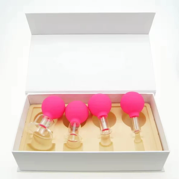 Silikon Vakumlu Cam Yüz Masaj Kupası 4'lü Set Gül Pembe Renk - Resim 3