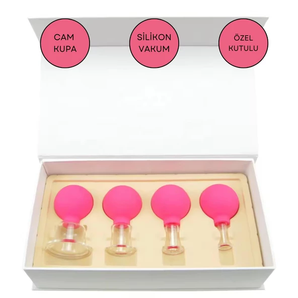 Silikon Vakumlu Cam Yüz Masaj Kupası 4'lü Set Gül Pembe Renk ürün görseli