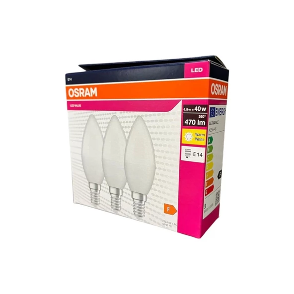 Osram 4,9=40 Watt Led Klasik Mum Ampul Sarı Işık 3 lü Paket 470 Lümen