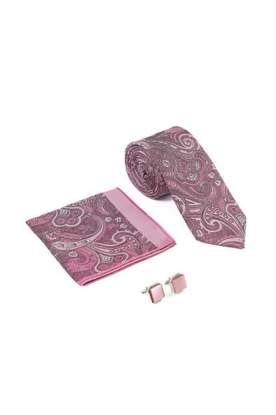 Brianze Pembe Şal Desen Kravat Mendil Kol Düğmesi Hediyelik Set - 4