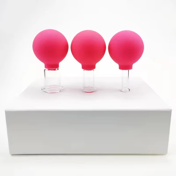 Silikon Vakumlu Cam Yüz Masaj Kupası 3'lü Set Gül Pembe Renk - Resim 5
