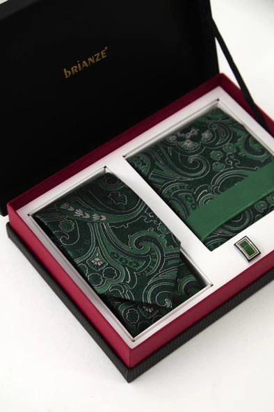 Brianze Yeşil Beyaz Şal Desen Kravat Mendil Kol Düğmesi Hediyelik Set - Resim 2