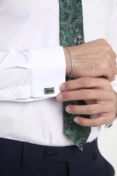 Brianze Yeşil Beyaz Şal Desen Kravat Mendil Kol Düğmesi Hediyelik Set - Resim 3