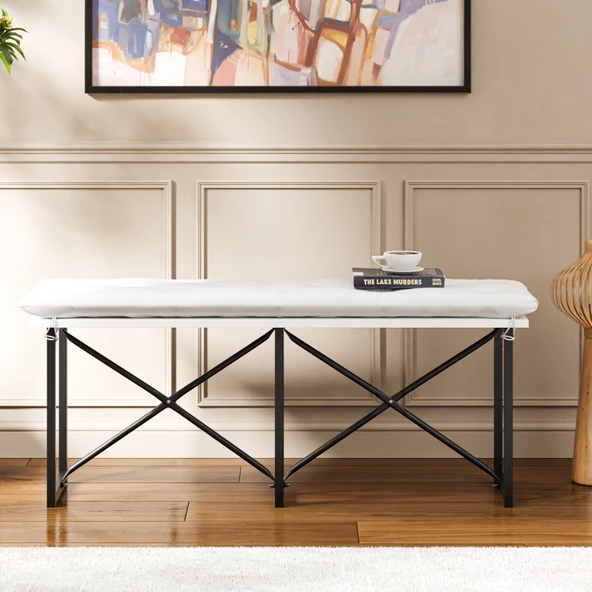 Eportatif Mutfak Bahçe Minderli Bank Sandalye Düz Bank Sandalye Bench Beyaz 1545 - 2