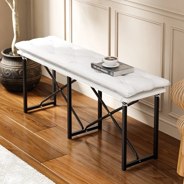 Eportatif Mutfak Bahçe Minderli Bank Sandalye Düz Bank Sandalye Bench Beyaz 1545 - 3