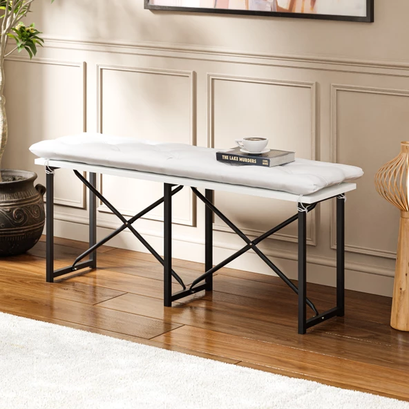 Eportatif Mutfak Bahçe Minderli Bank Sandalye Düz Bank Sandalye Bench Beyaz 1545