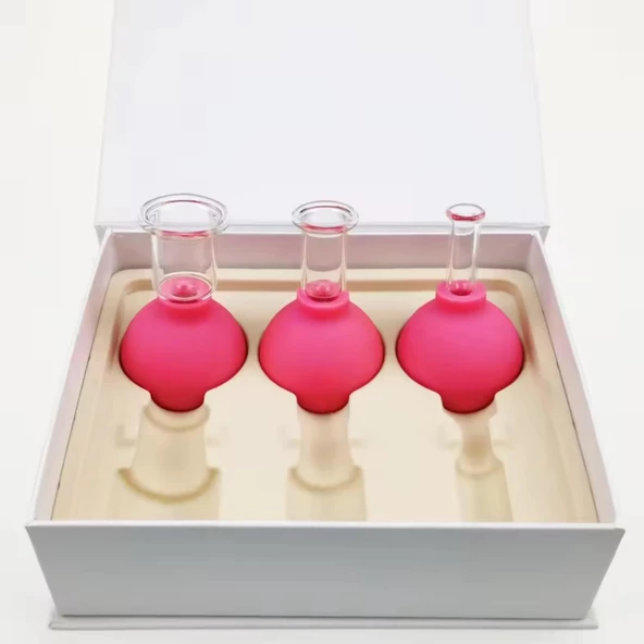 Silikon Vakumlu Cam Yüz Masaj Kupası 3'lü Set Gül Pembe Renk - Resim 4