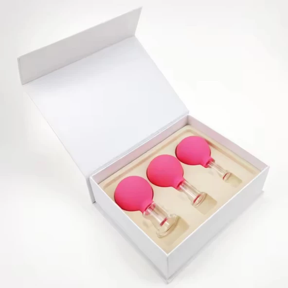 Silikon Vakumlu Cam Yüz Masaj Kupası 3'lü Set Gül Pembe Renk - Resim 3