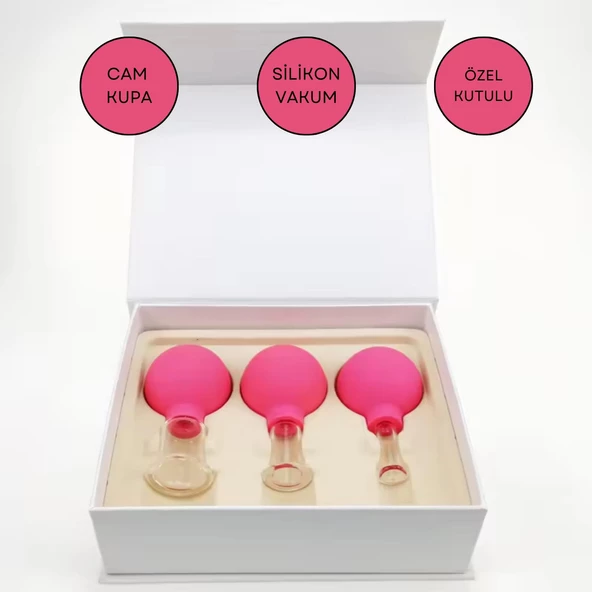 Silikon Vakumlu Cam Yüz Masaj Kupası 3'lü Set Gül Pembe Renk ürün görseli 1