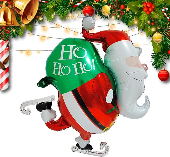 Yılbaşı Buz Pateni Yapan Noel Baba Hediye Çuvallı Folyo Balon 79x89 cm