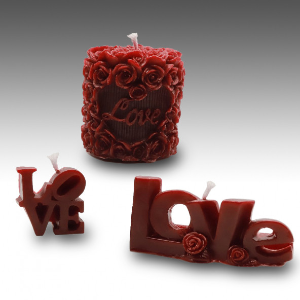 Luxery Candle Love Set 3'lü Çilek Kokulu Kırmızı Renkli Mum