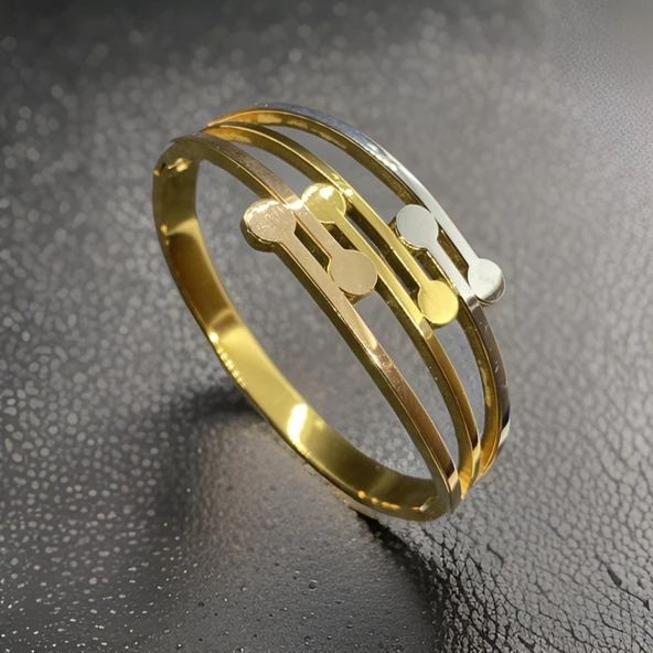 316L Antialerjik Gold ve Gümüş Renkli Şık Tasarım Minimalist Detay Kadın Çelik Bileklik ürün görseli 1