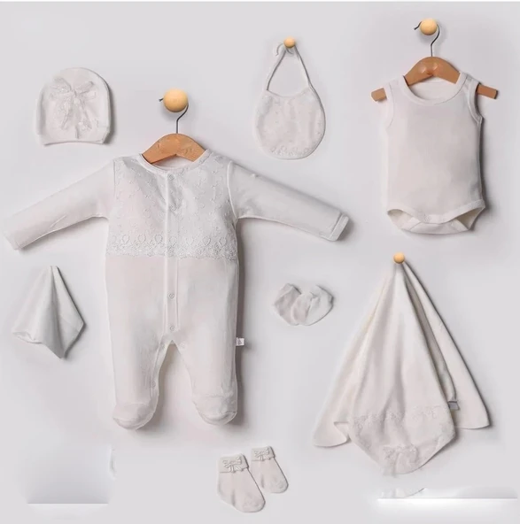 Dantel İşlemeli 10 Parça Yeni Doğan Hastane Seti Beyaz - 3
