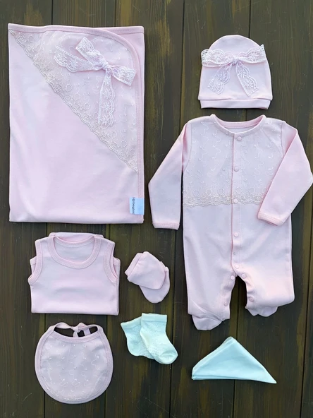 Dantel İşlemeli 10 Parça Yeni Doğan Hastane Seti Pembe ürün görseli
