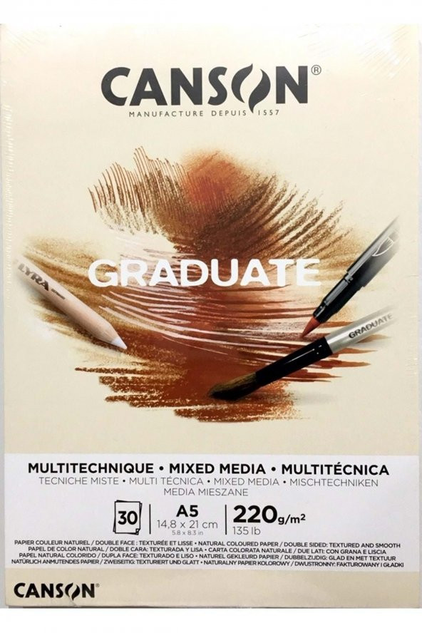 Canson Çizim Bloğu Graduate Mıx Medıa Natural 30 Syf A5 220 GR