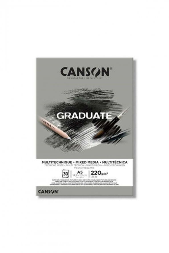 Canson Çizim Bloğu Graduate Mıx Medıa Gri 30 Syf A5 220 GR