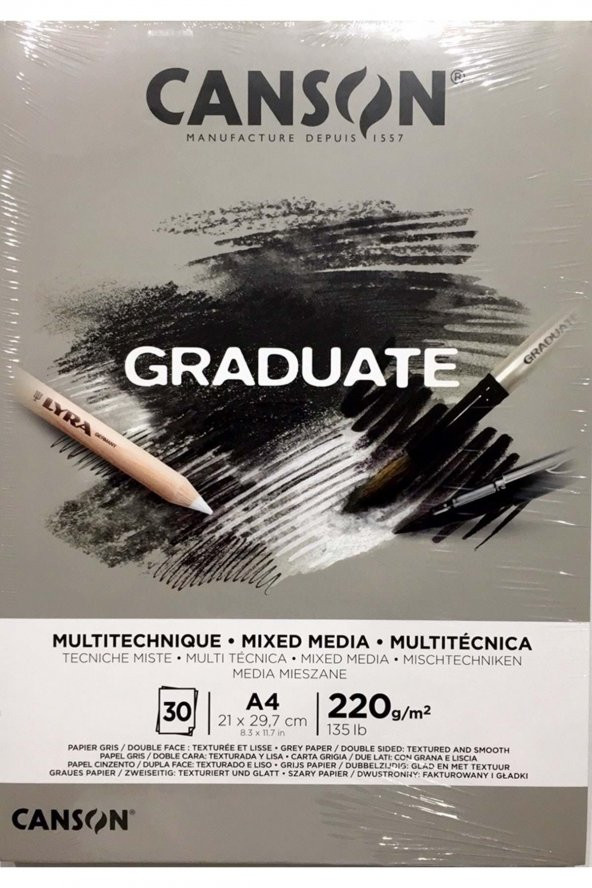 Canson Çizim Bloğu Graduate Mıx Medıa Gri 30 Syf A4 220 GR