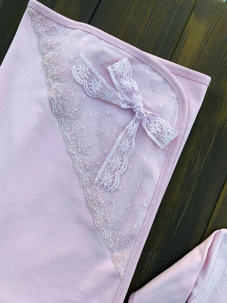 Dantel İşlemeli 10 Parça Yeni Doğan Hastane Seti Pembe - Resim 4