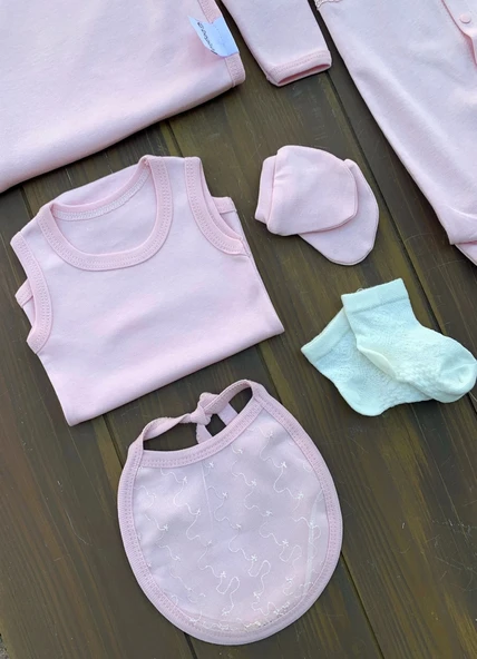 Dantel İşlemeli 10 Parça Yeni Doğan Hastane Seti Pembe - Resim 3