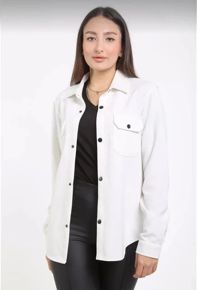 Unisex Üç İplik Uzun Kol Yakalı Gömlek - Beyaz - 2