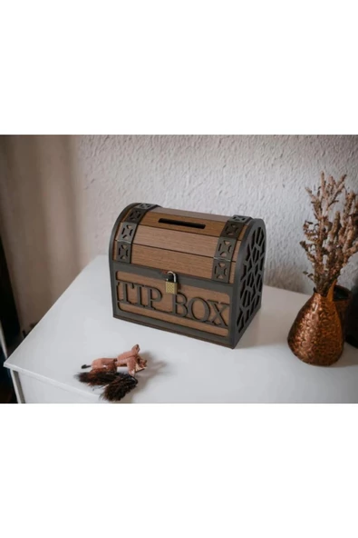 Ceviz Renk Klitli Bahşiş Kutusu Ve Kumbara Sandık Tipi Ahşap Tipbox - 6