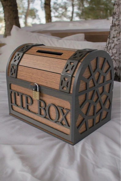 Ceviz Renk Klitli Bahşiş Kutusu Ve Kumbara Sandık Tipi Ahşap Tipbox - 3