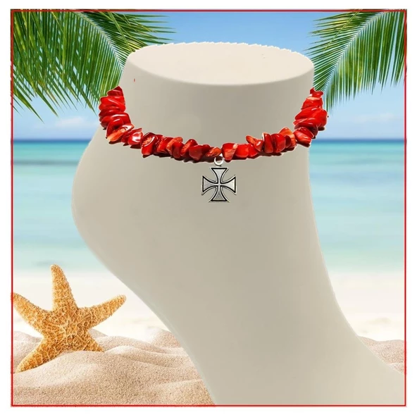 Mercan Doğal Taş Haç Objeli Kadın Halhal