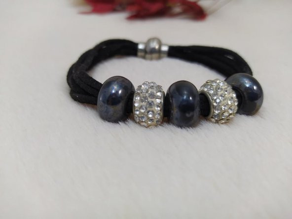 Şambala Taşlı Siyah Süet İp Boncuklu Mıknatıslı Bileklik - 2