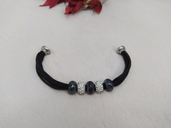 Şambala Taşlı Siyah Süet İp Boncuklu Mıknatıslı Bileklik - 3