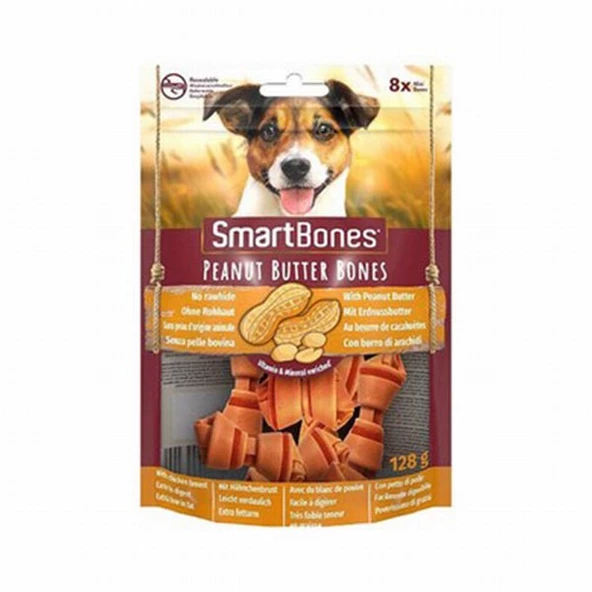SmartBones Tavuklu Fıstık Ezmeli Mini Düğüm Kemik Köpek Ödülü 8'li 128 Gr