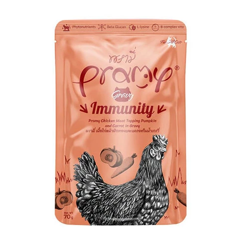 Pramy Immunity Sos İçinde Tavuk Etli Bal Kabaklı ve Havuçlu Yetişkin Kedi Konservesi 70 Gr