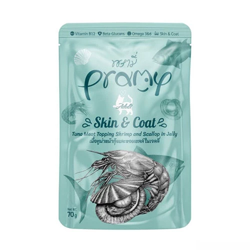 Pramy Skin Coat Jöle İçinde Karidesli Deniz Taraklı ve Ton Balıklı Yetişkin Kedi Konservesi 70 Gr