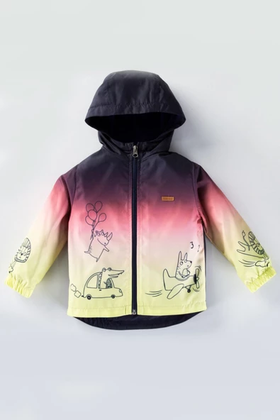 Dinazor Figürlü Kapşonlu Fermuarlı Pamuklu Astarlı Cepli Kız Erkek Bebek Yağmurluk Mont Tulum Çocuk