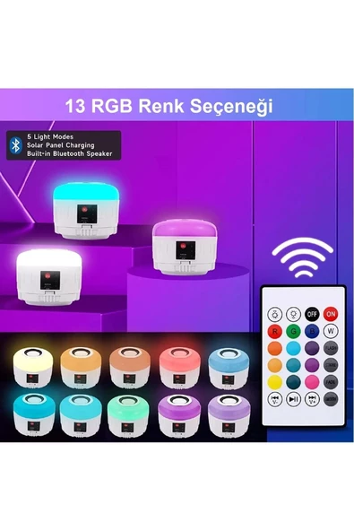 Solar Güneş Enerjili Kamp Çadır Lambası Işığı Bluetooth Hoparlör Rgb Led Kumandalı Aydınlatma - 4