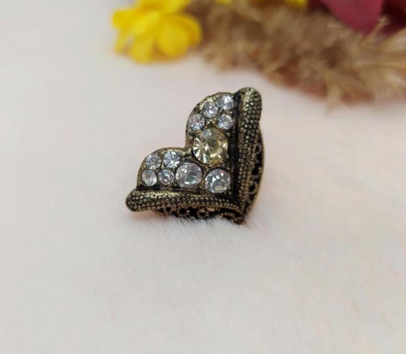 Otantik Kalp Tasarım Kadın Yüzük Swaroski Taşlı Gold RenkYüzük Ayarlanabilir Ölçü