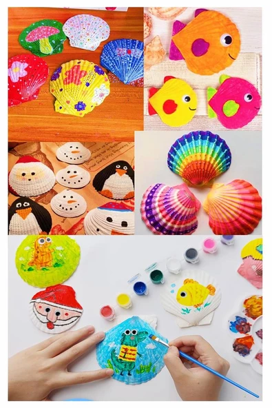 Kabuk Boyama Seti 1 Paket Deniz Kabuğu Midye Boyama Shell Painting Sanatsal Hobi Boyama Seti Akrilik Boya Fırça - 3