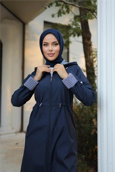 Kapşonlu Fermuarlı Belden Lastikli Bondit Kap - 71220.015 - Lacivert - 4