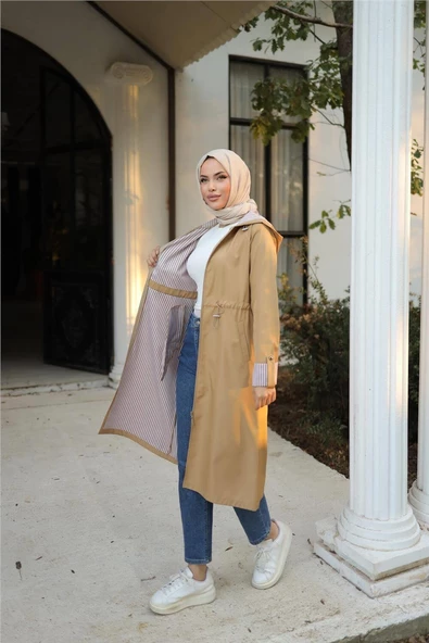 Kapşonlu Fermuarlı Belden Lastikli Bondit Kap - 71220.026 - Bej - 6