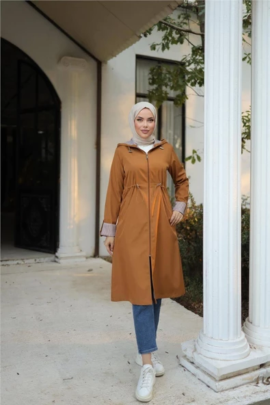 Kapşonlu Fermuarlı Belden Lastikli Bondit Kap - 71220.038 - Taba - 2