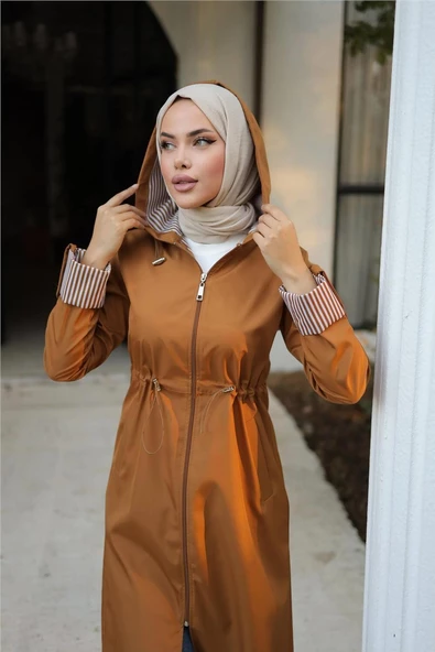 Kapşonlu Fermuarlı Belden Lastikli Bondit Kap - 71220.038 - Taba - 4