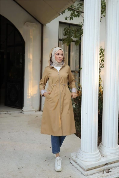 Kapşonlu Fermuarlı Belden Lastikli Bondit Kap - 71220.026 - Bej - 2